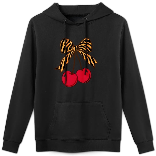 Sudadera con capucha con estampado de cerezas y rayas de tigre, mezcla de algodón suave, manga larga informal para mujeres y adolescentes