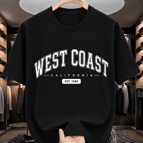 West Coast California Graphic T-Shirt, Vintage Varsity Letter Print Crew Neck Short Sleeve Casual Tee for Men and Women, Everyday Summer Top