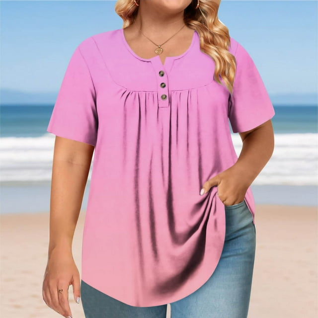 Hauts Grande Taille pour Femmes, T-Shirt Ombré Plissé, Blouse Décontractée Extensible à Manches Courtes, T-Shirt à Col Rond Confortable (心词:Hauts Grande Taille, T-Shirt Plissé)