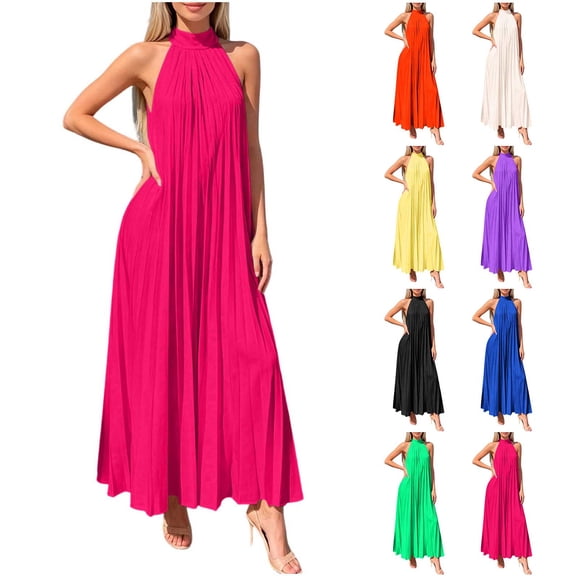 Miluxas Women's High Neck Sleeveless Pleated Maxi Dress A-Line Casual Loose Flowy Long Dress Cocktail Party Dress Summer Beach Vacation Outfits Yellow
