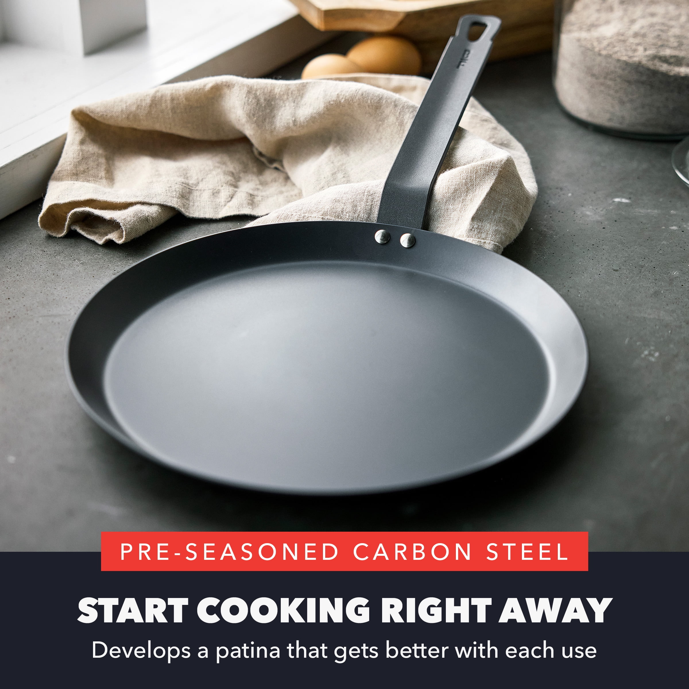 GreenPan Bobby Flay 11" Carbon Steel Crepe Pan, Pre-Seasoned, Nontoxic, Induction Compatible, Omelet Flat Griddle