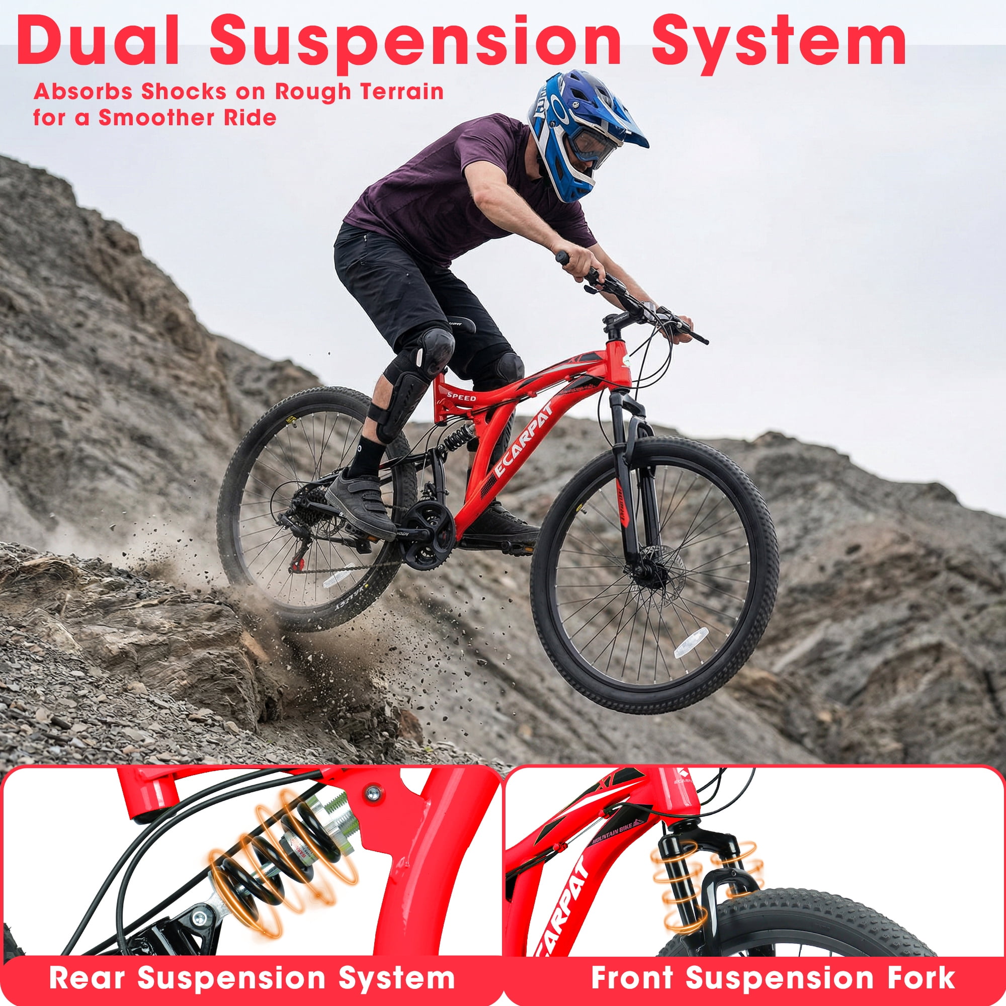 26" Mountain Bike with Full Suspension Steel Frame, 21-Speed All-Terrain Bicycle,Red