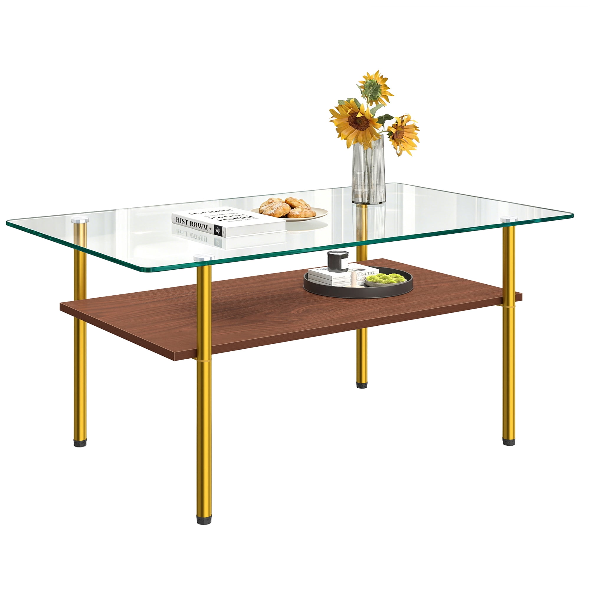 Modern Rectangular Glass Coffee Table with Tempered Glass Top and Wood Shelf, 38.6-Inch Center Table for Living Room, Gold