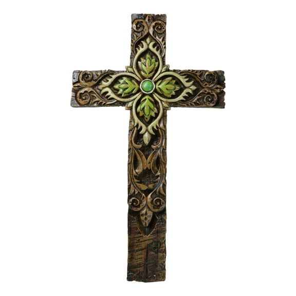 Rustic Faux Wooden Fleur De Lis Scrollwork With Green Leaf Foliage Wall Cross