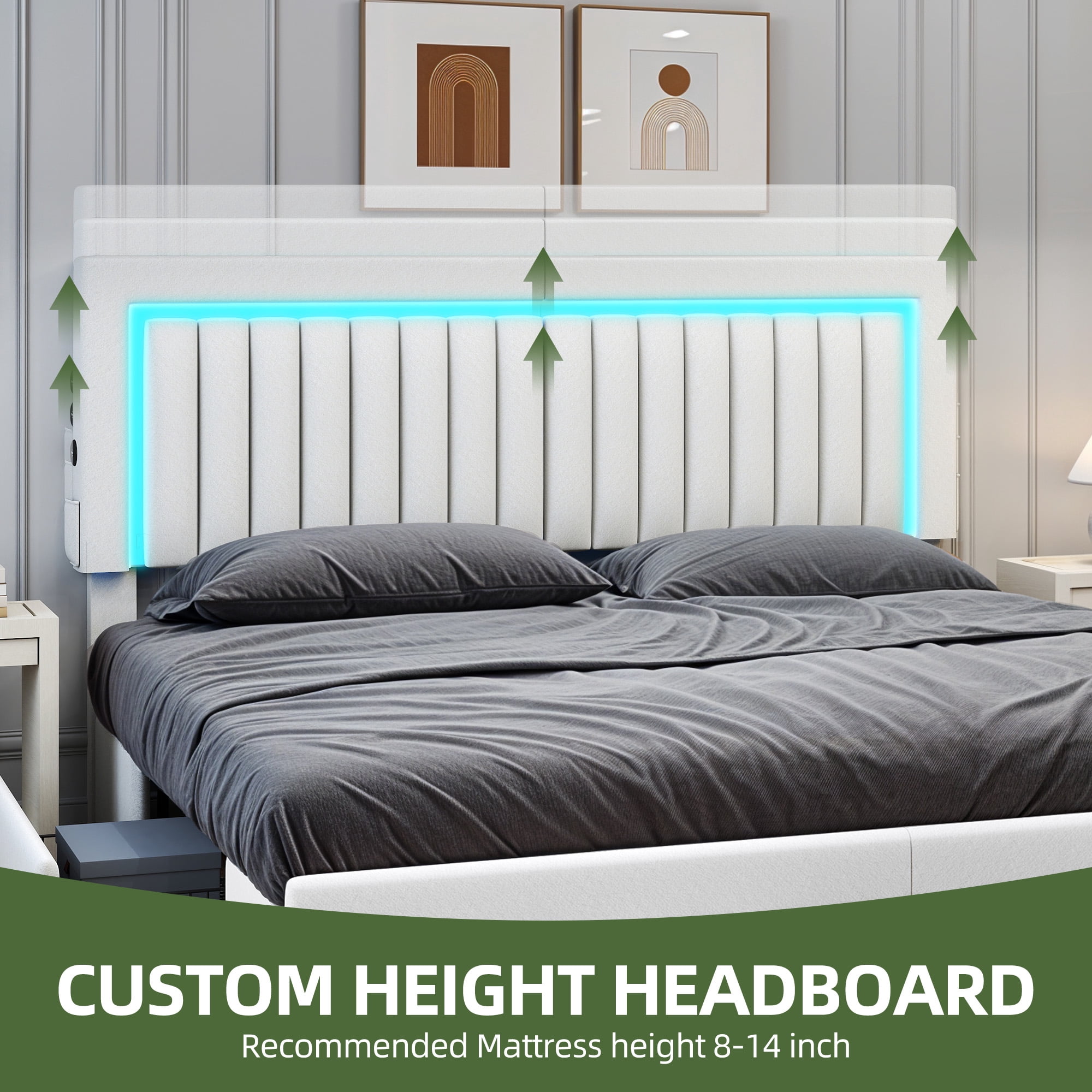 King Size Velvet Upholstered Platform Bed Frame with RGB LED Lights, 4 Storage Drawers & USB Ports (White)