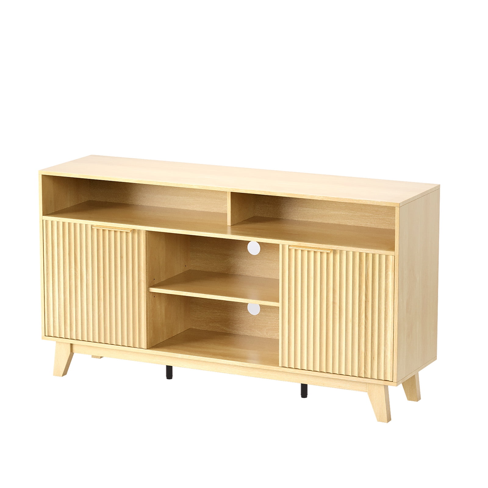 Ktaxon Modern Fluted TV Stand for 55/60/65" TVs, Wood Entertainment Center with 2 Doors and 4 Open Shelves Storage for Living Room, Home, Light Walnut