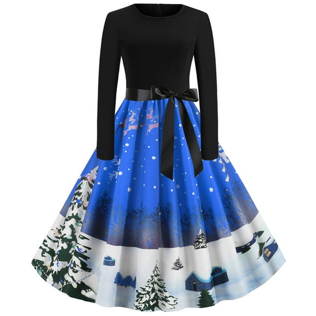 Robe Rockabilly Vintage Patchwork pour Femmes Robes Noël Nœud Robe de Fête