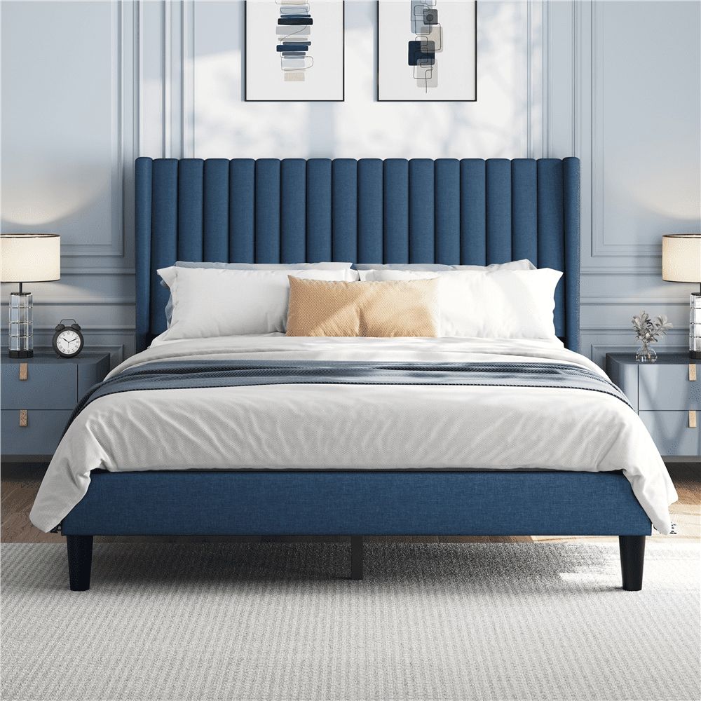 Renwick Queen Upholstered Platform Bed Frame with Channel Tufted Headboard, Navy Blue