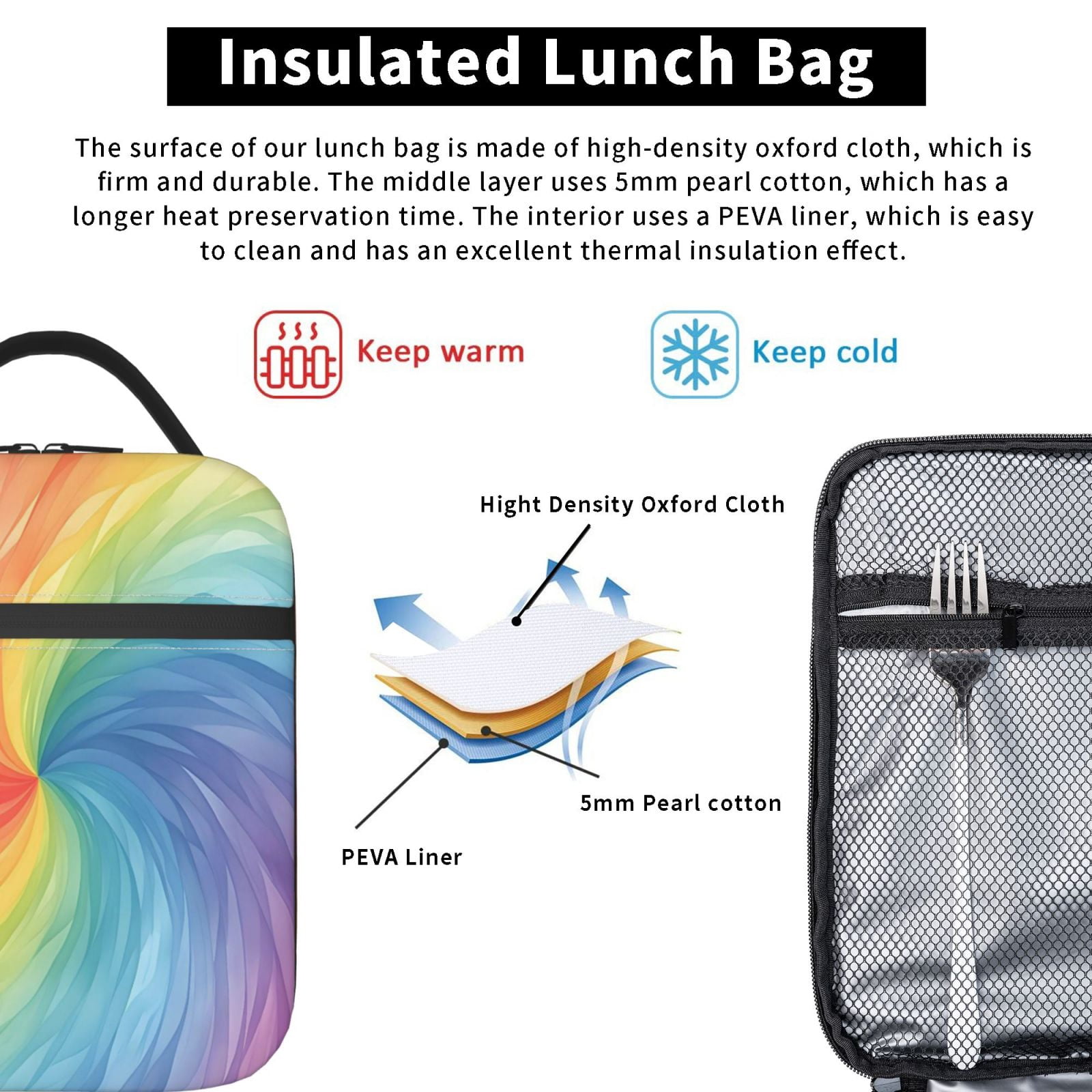 Lunch Bag For Women Men Insulated Portable Lunch Box Bento Box Office Picnic Travel Cooler Bag Darkmagenta Tie-Dye Background Rainbow Colors_2