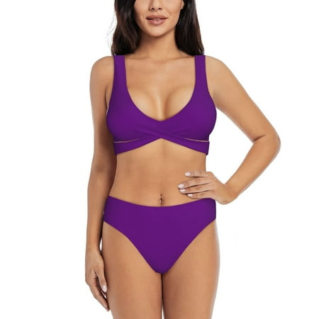 Zeuib Purple High Waisted Tummy Control Bikini Set - Knot Front Push Up Top & Cheeky Thong Bottom  Two-Piece Swimsuit for Women-X-Large