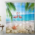 thumbnail image 3 of Cortina de ducha con diseño de océano, playa, palmeras tropicales, tortuga marina, gato, vela, flamencos, concha de coral, juego de cortina de ducha para decoración de baño, 3 of 5