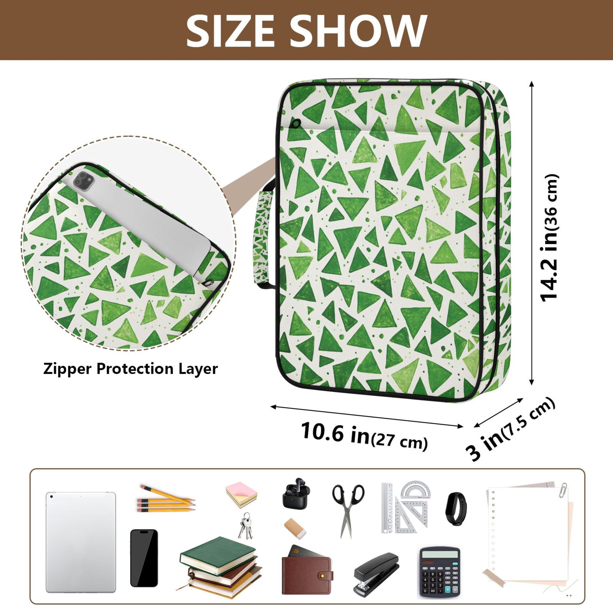 FORMRS Accordion File Folder A4 Size 7-Pocket Expanding Document Organizer Bag with 3 Ring Binder, Green Dot Triangles Pattern