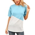 thumbnail image 1 of Femmes T-shirt Couleur Bloc Manches Courtes T-shirt Haut Col Rond Blouse, Bleu, S, 1 of 6