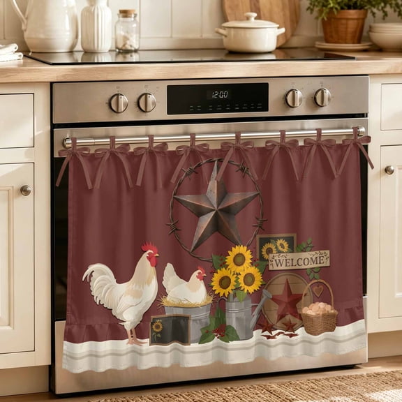 Oven Skirt Curtain for Kitchen 20x27 Inch, Brown Western Star Rooster Oven Curtain with 8 Ribbon Ties & Ruffle Trim, Stove Skirt Curtain Dishwasher for Cabinets Over Sinks Farmhouse Sunflowers