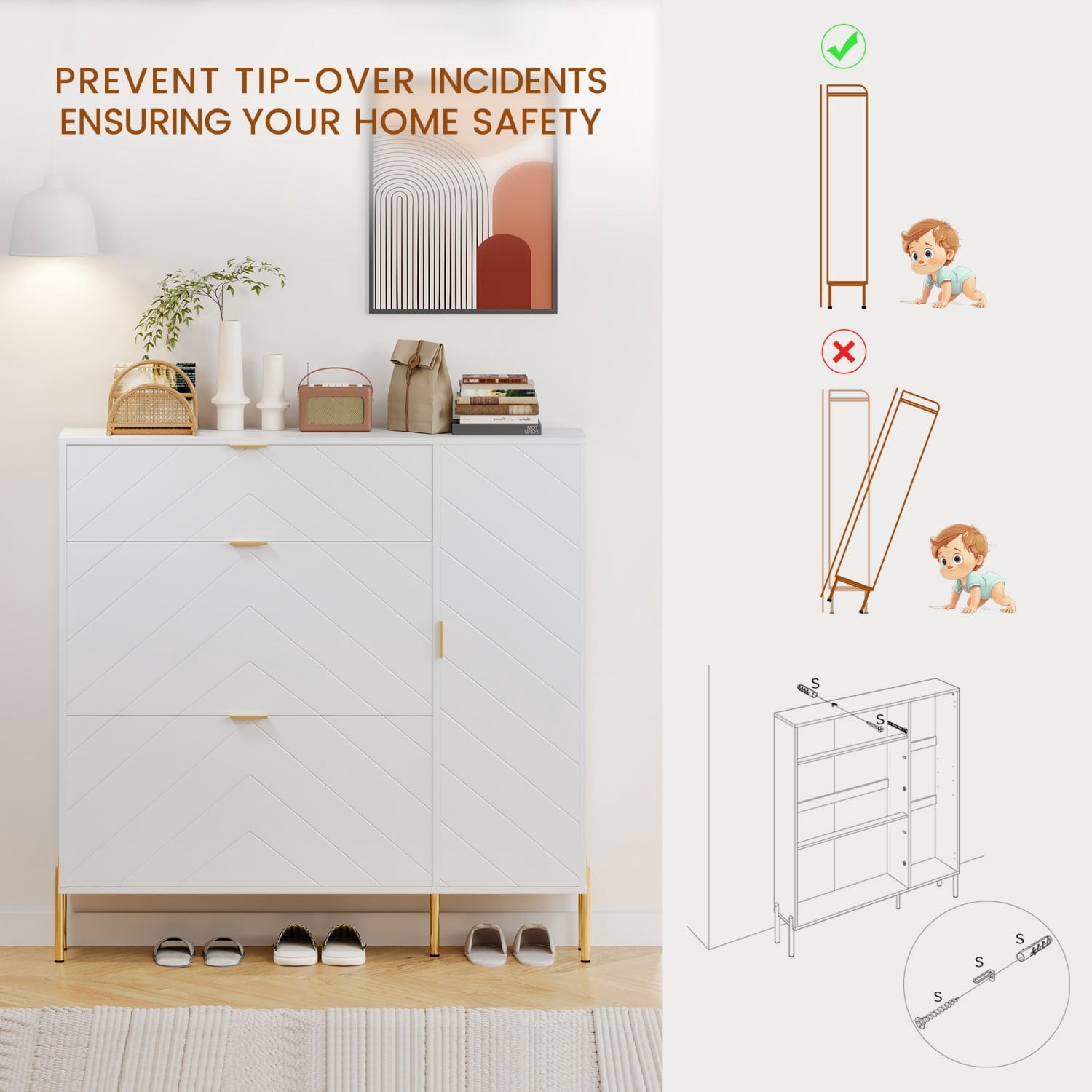 MDF Shoe Storage Cabinet with Flip Drawers & Adjustable Shelves, Modern Entryway Shoe Organizer Cabinet, White