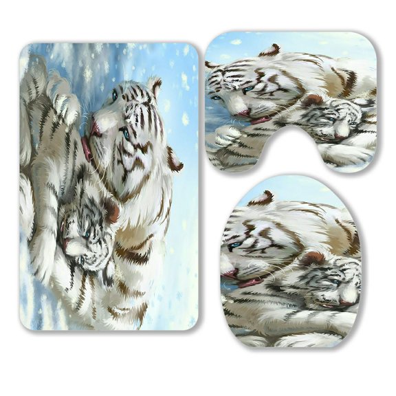 ABPHQTO White Tigers 3 Piece Bathroom Rugs Set Bath Rug Contour Mat and Toilet Lid Cover