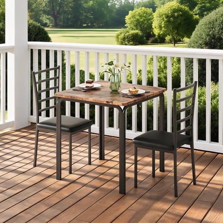 Square Dining Table Set with 2 PU Upholstered Chairs Rustic Wood Grain Tabletop & Black Metal Frame Dining Set Indoor Outdoor Kitchen Balcony Patio Furniture