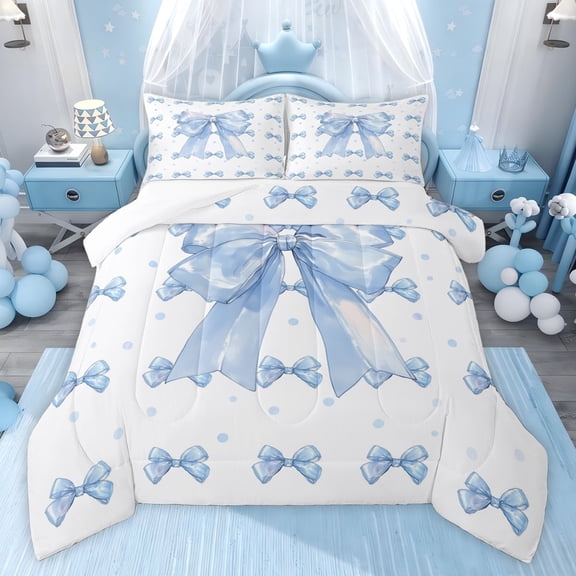 Castle Fairy Boys Girls Cute Ribbon Bow Twin Comforter Sets,Polka Dots Bedding Set
