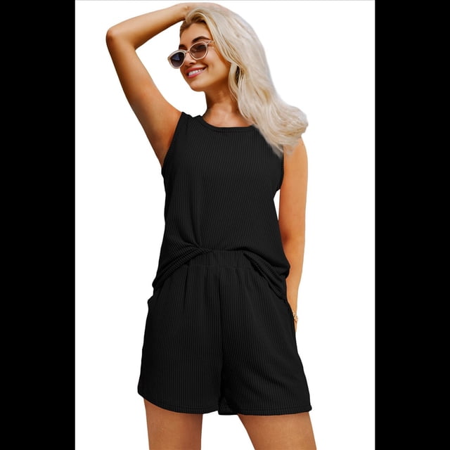 Conjunto de Dos Piezas de Verano para Mujer, Pantalones Cortos A Juego, Ropa de Estar por Casa con Bolsillos. Negro L