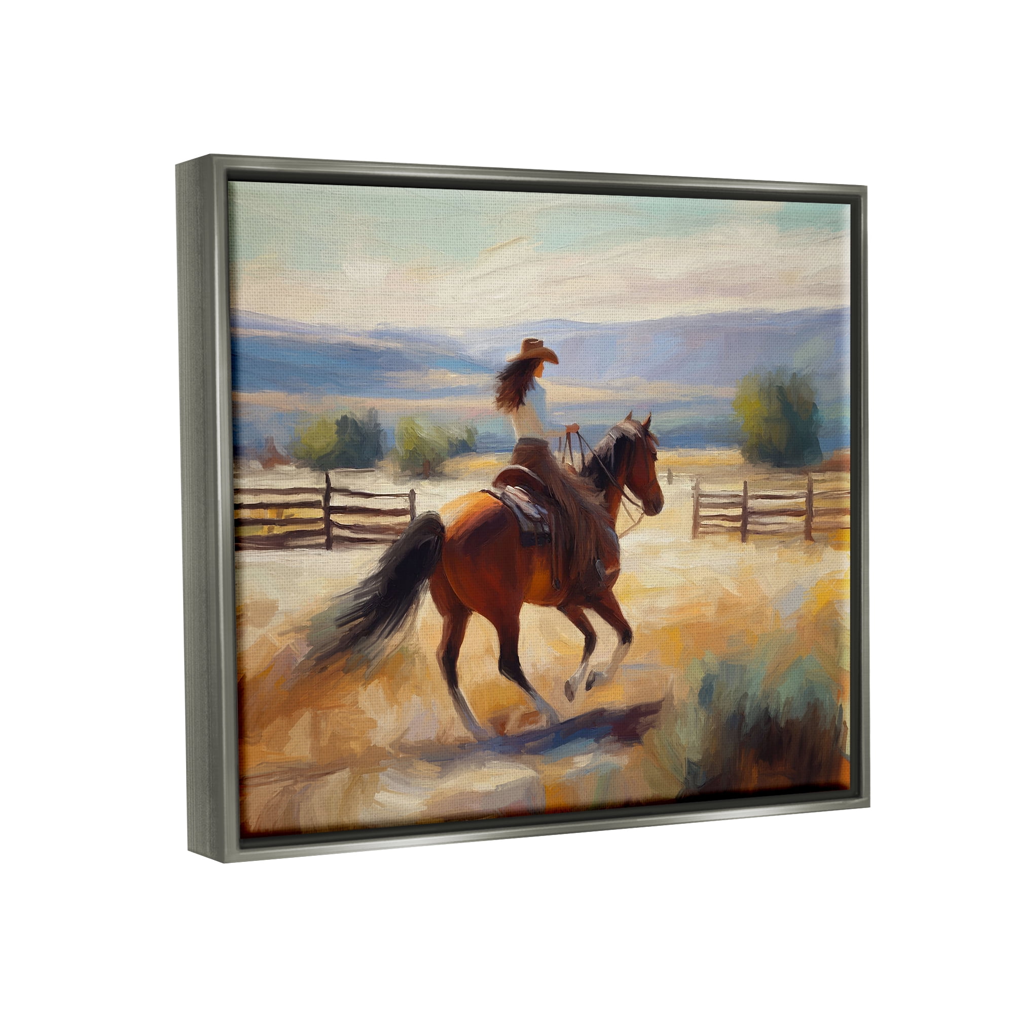 Stupell Industries Galloping Cowgirl Landscape Animals & Insects Painting Gray Floater Framed Canvas Art Print Wall Art, 31 x 25