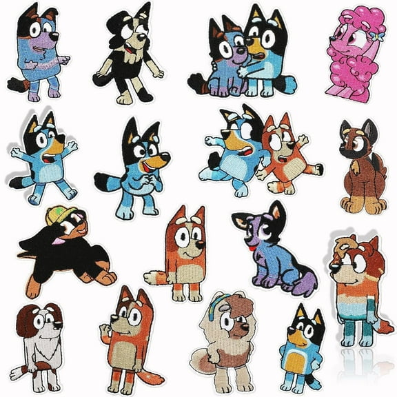 16pcs Anime Bluey Dog Patches DIY Embroidery Iron On Applique Jackets Jeans