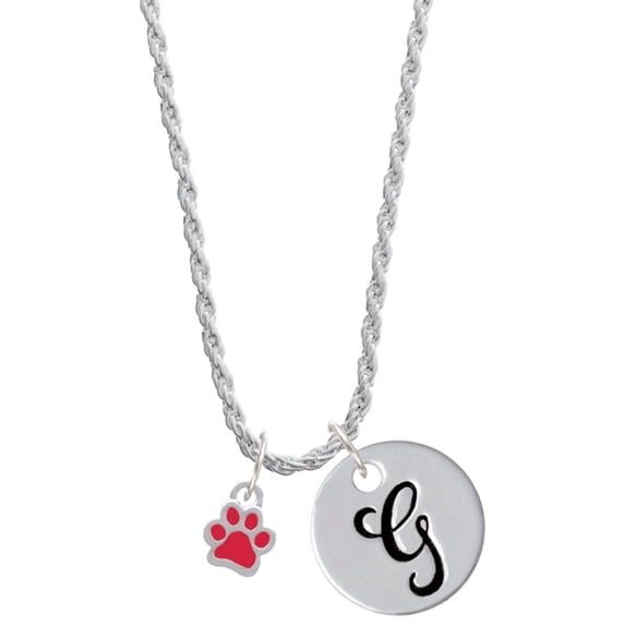 Delight Jewelry Silvertone Mini Translucent Red Paw Silvertone Script Initial Disc - G - Charm Necklace, 20"+3"