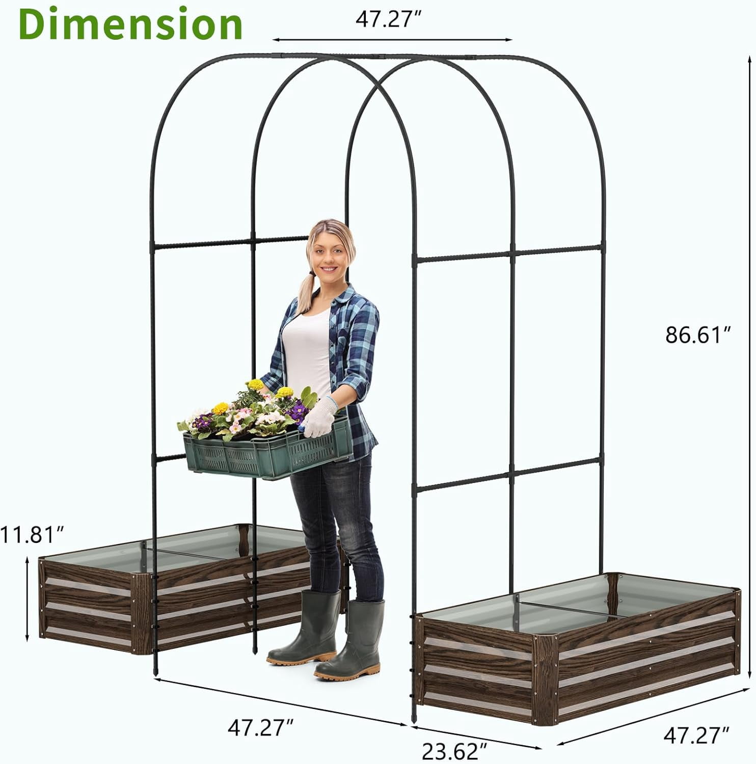 Slsy Galvanized Raised Garden Bed with 87in Tall Garden Trellis Metal Plant Support Trellis Archway for Vegetables Flowers Herbs,Wood Grain