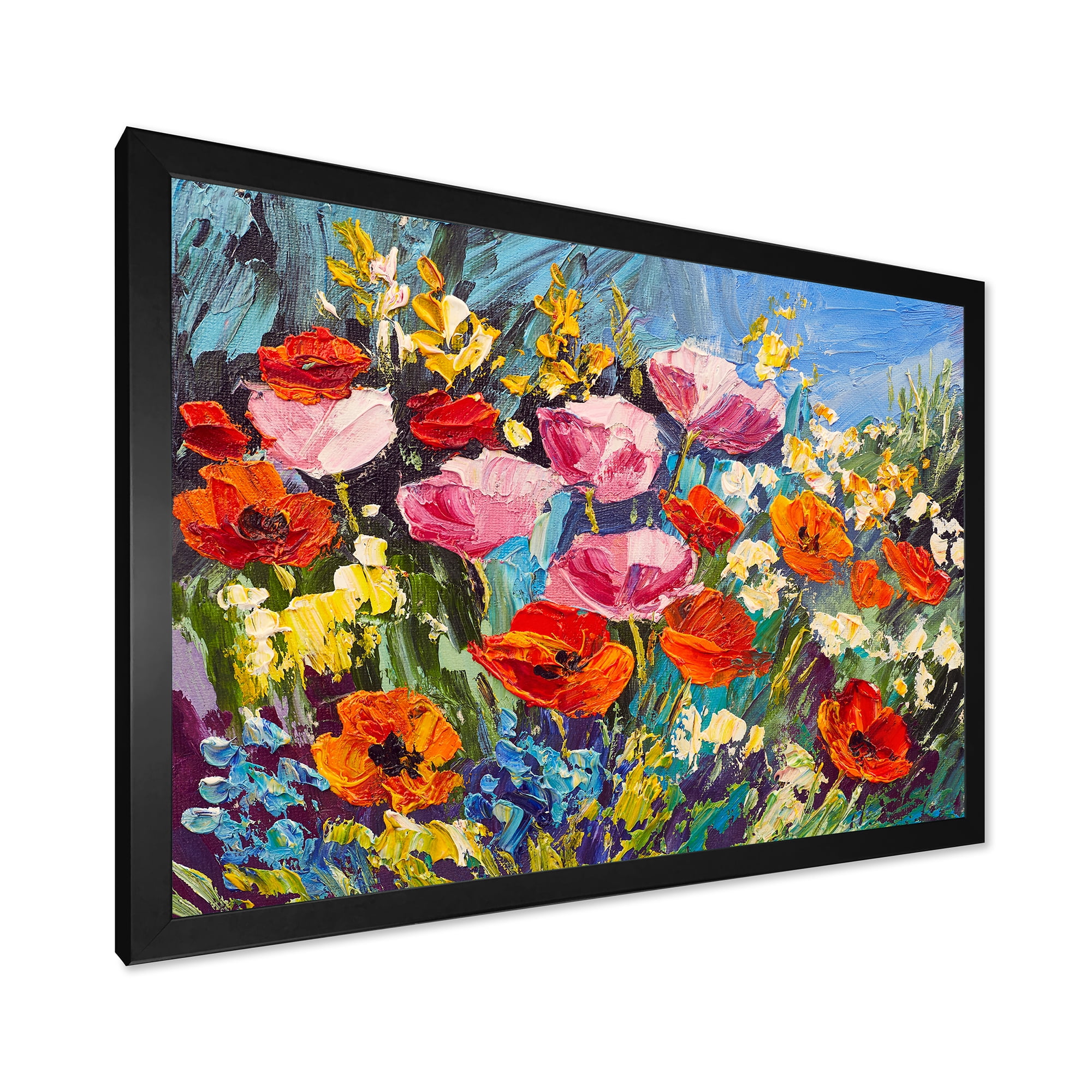 Colorful Spring Poppies In Field 32 in x 24 in Framed Painting Canvas Art Print, by Designart