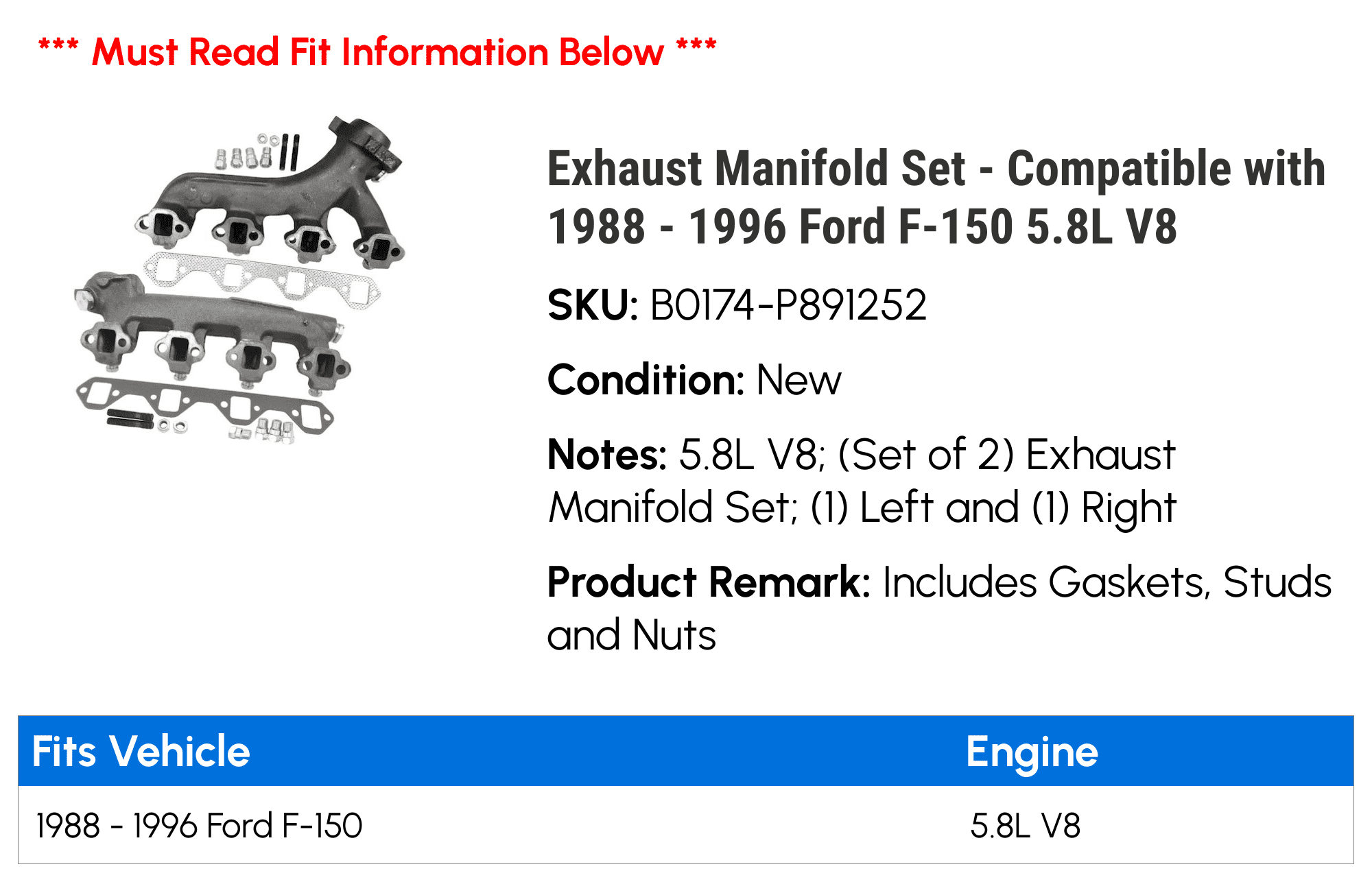 Exhaust Manifold Set - Compatible with 1988 - 1996 Ford F-150 5.8L V8 1989 1990 1991 1992 1993 1994 1995