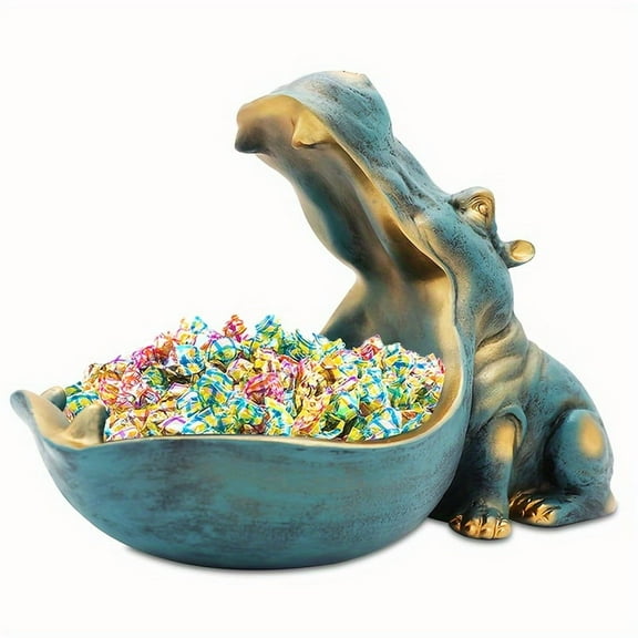 Hippo Statue Resin Figurine Big Mouth Sculpture Candy Dish Key Bowl Table Art Decor Sundries Container for Halloween Christmas Decoration Storage Box