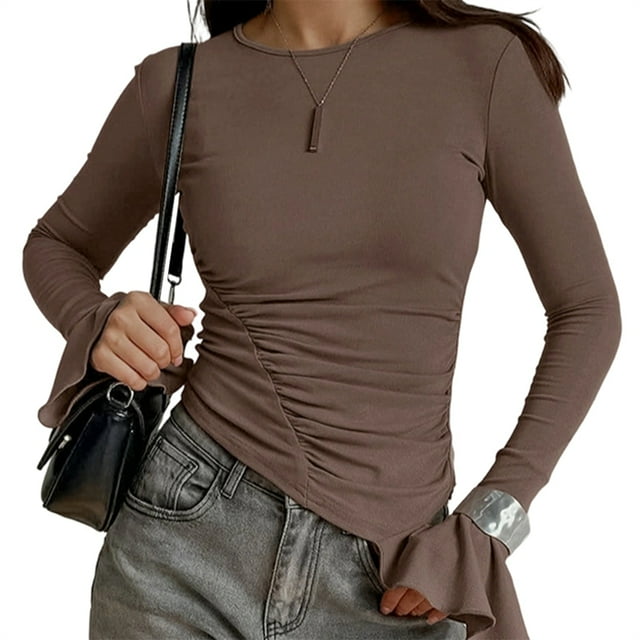 Womens Long Sleeve Shirts Fall Trendy Crewneck Slim Fit Asymmetrical Going Out Tops Ruched Tee Y2k Clothes Khaki L