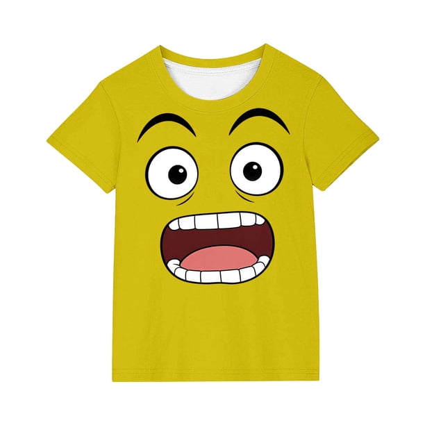 Tops de Manga Corta Lindo con Impresión de Expresión para Niños Niños Niñas, Suelta Cómoda Camiseta de Color Sólido