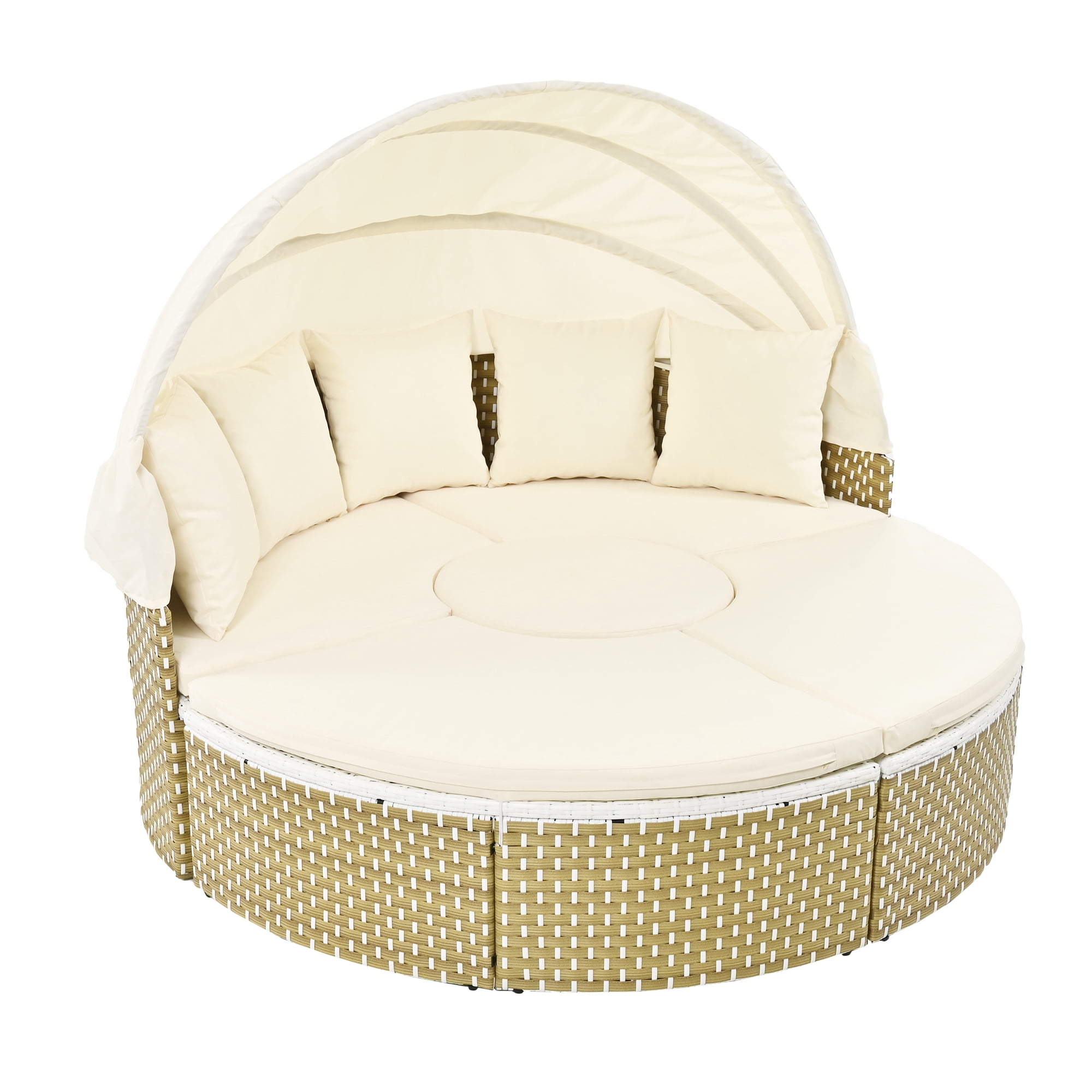 MAYEERTY Luxury Outdoor Round Sectional Sofa Set – Rattan Daybed with Retractable Canopy, Adjustable Table & Removable Cushions
