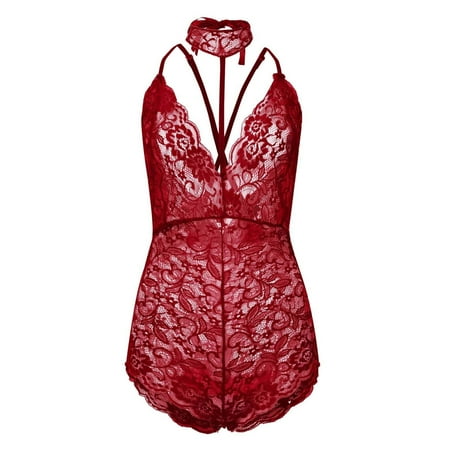 

YUEHAO Womens Underwear Women Lace Bodysuit Lingerie Strappy Hollow Out Sexy Sheer Nightgown With Halter Neck Exotic Nightwear (Wine Red)