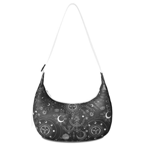 Dark Gothic Crescent Crossbody Bag with Steampunk Moon Star Print, Celestial Night Sky Eclipse Design, Adjustable Strap Lunar Artistic Purse
