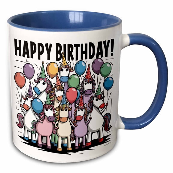 3drose, Cute Funny Assorted Unicorns and Balloons Happy Birthday Abstract, 11oz Two-tone Blue Mug