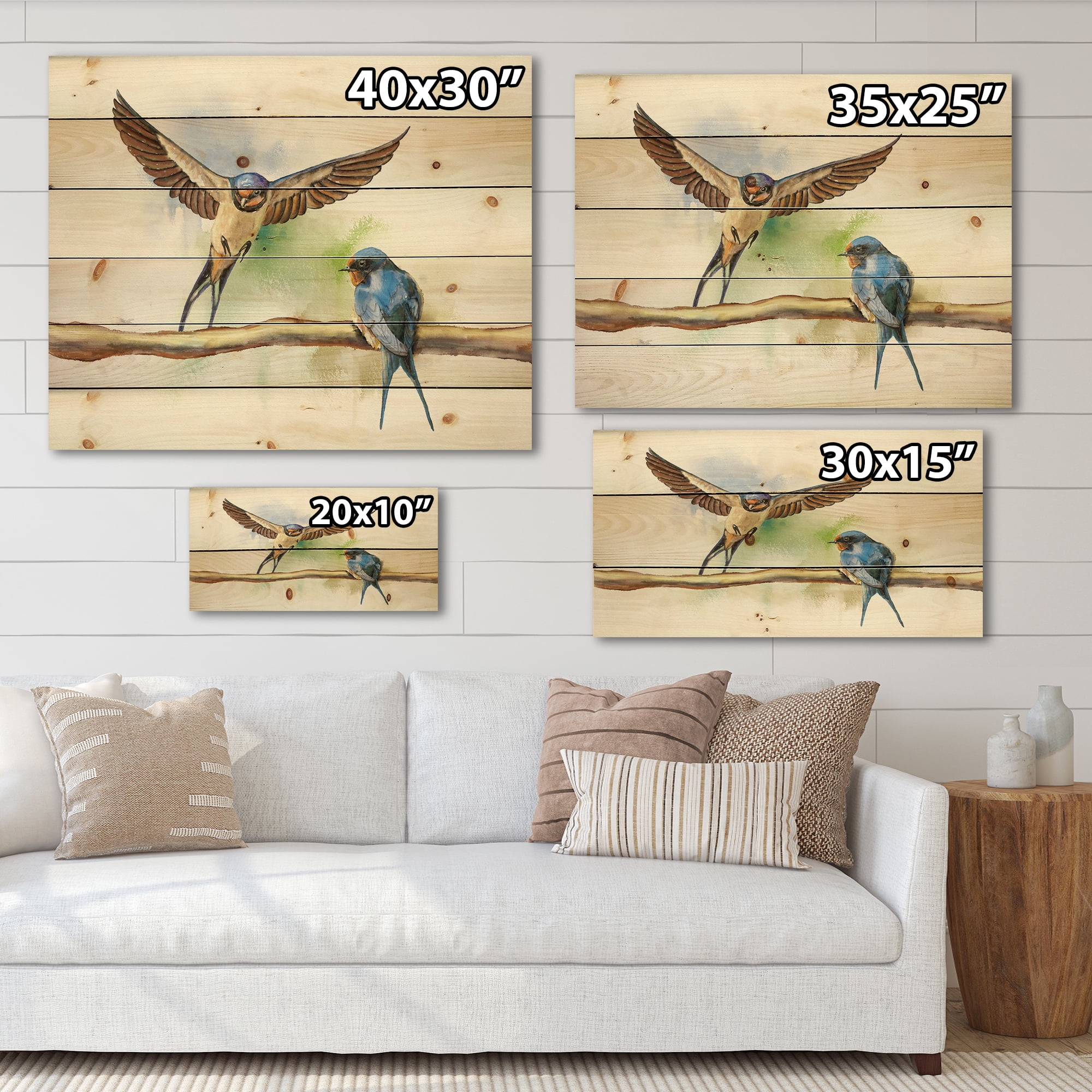 Designart 'Two Barn Swallows Birds On Branch' Farmhouse Print on Natural Pine Wood