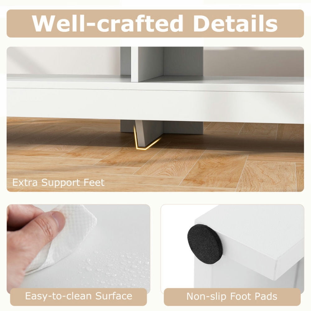 Finihen TV Stand, Entertainment Center, Corner TV Stand with Power Outlet and 4 Open Storage Shelves, for Living Room, White Finihen TV Stand, Entertainment Center, Corner TV Stand with Power Outlet and 4 Open Storage Shelves, for Living Room, White