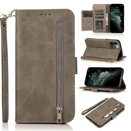 Phone case with 5 card slots, magnetic closure zipper pocket, PU leather flip cover for handbag, wristband, TPU bracket cover, suitable for Huawei mate 10 Pro phone case