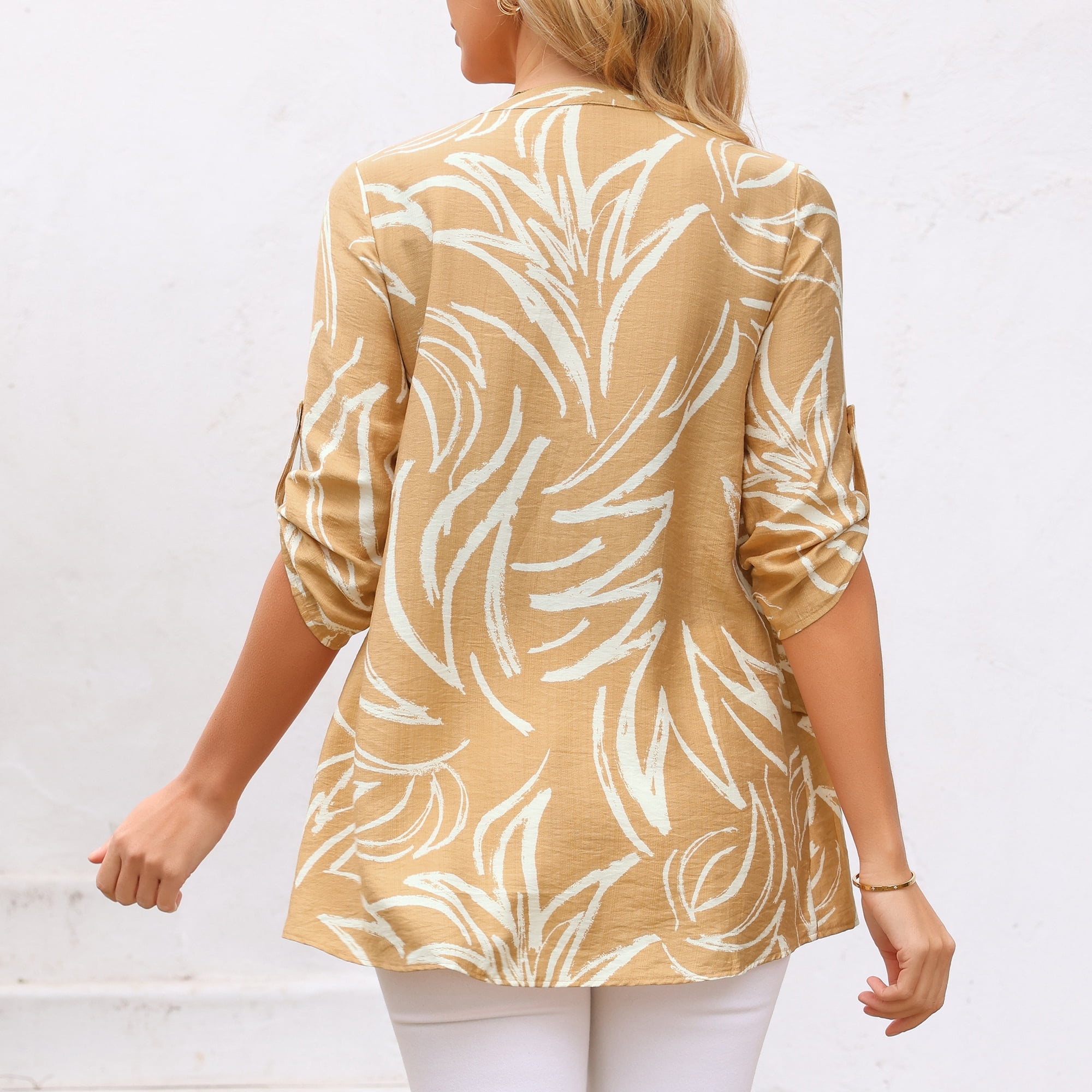 DARING DIVA Women's High Low Floral Print V Neck Roll Up 3/4 Sleeve Tunic Blouse L Khaki