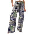 thumbnail image 2 of Women's Casual Pants Women'S Vintage Art Print Cotton And Linen Casual Pants Casual Wide Leg Trousers With Pockets,Blue Women's Casual Pants L, 2 of 5
