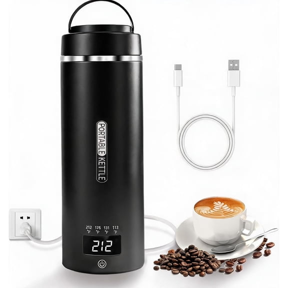 Portable Electric Kettle with USB Power 4 Temperature Settings Auto Shut-off 304 Stainless Steel 16 oz Grey