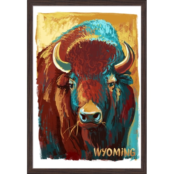 Wyoming - Bison - Vivid - Lantern Press Artwork (16x24 Giclee Art Print, Gallery Framed, Espresso Wood)