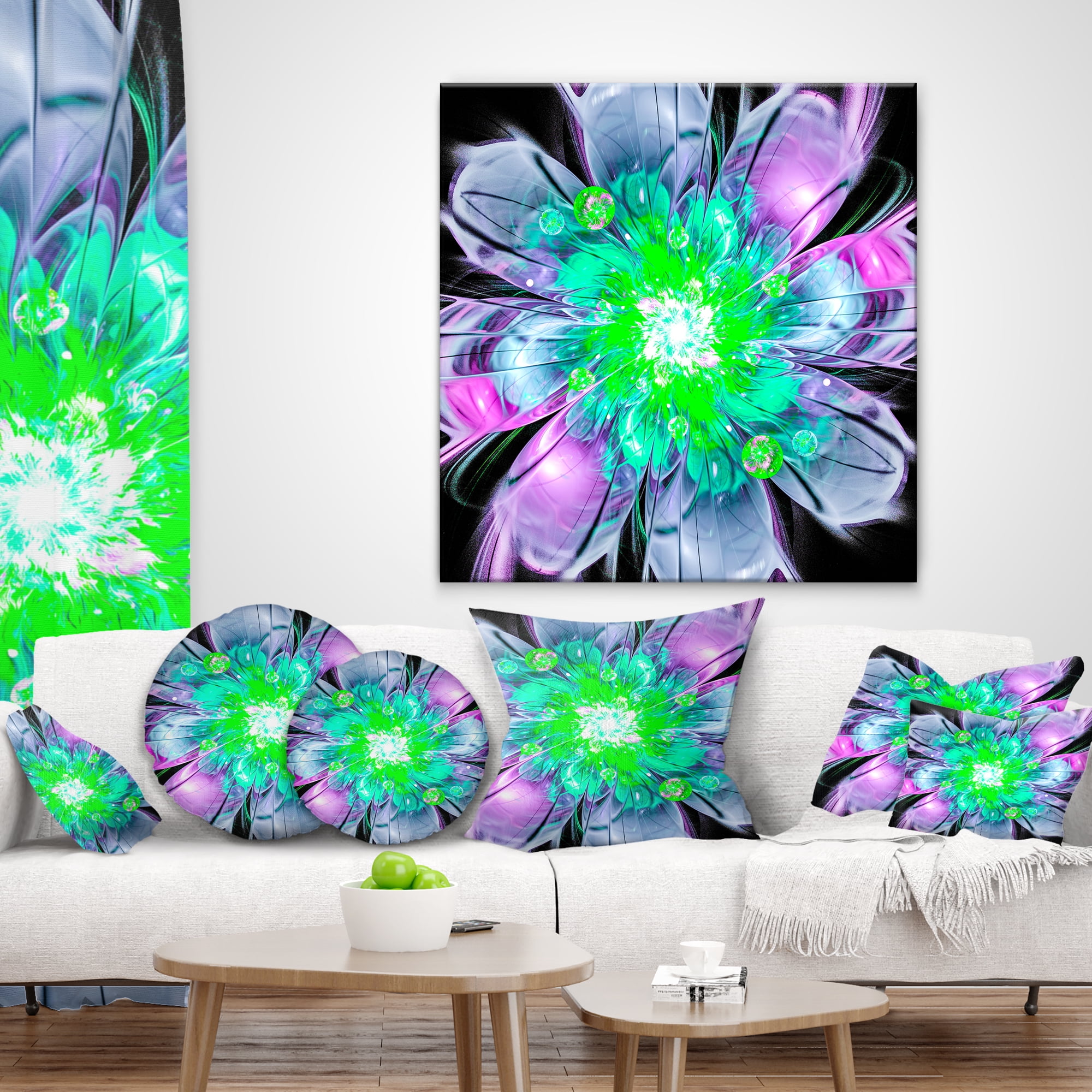 Designart Green Purple Fractal Flower Petals Close up - Floral Throw Pillow - 16x16