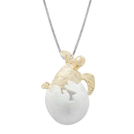 Silver Honu Sea Turtle - Sterling Silver with 14k Gold Plated Turtle Honu Hatchling Necklace Pendant with 18