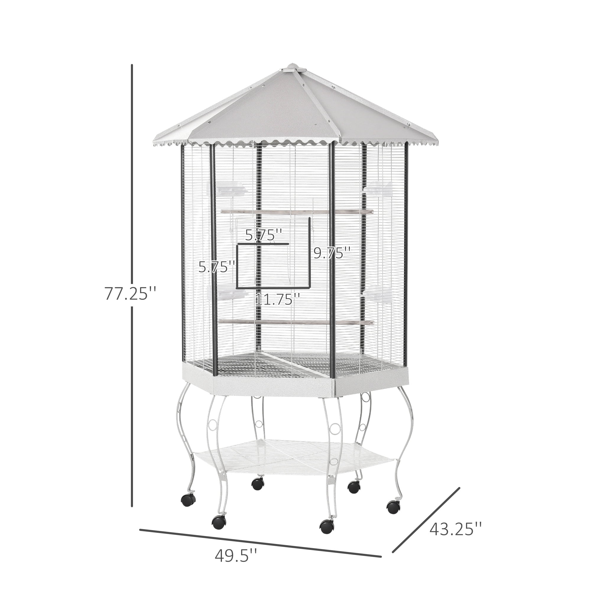 Noaman PawHut 77" Flight Bird Cage Hexagon Covered Canopy Portable Aviary With Storage, White Steel Large Bird House for Multiple Birds, Easy Rolling Casters