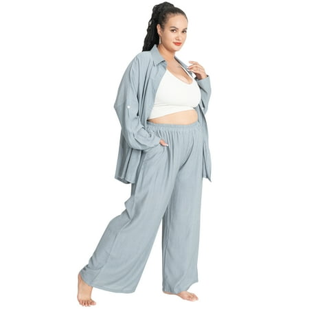 

TWINNIS Women s Pjs Lounge Sets Long Sleeve Button up Shirts Plus Size Pajamas Blue 4XL