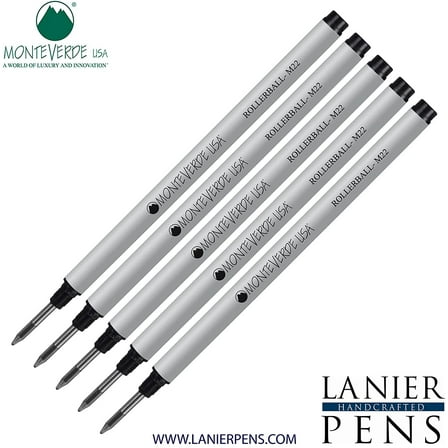 Lanier Combo Pack - 5 Pack - Monteverde Rollerball M22 Paste Ink Refill Compatible with most Montblanc Style Rollerball Pens - Black (Fine Tip 0.6mm)