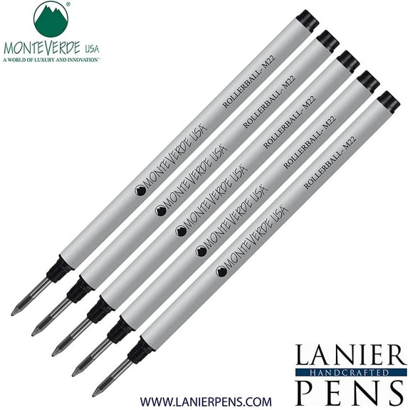 Lanier Combo Pack - 5 Pack - Monteverde Rollerball M22 Paste Ink Refill Compatible with most Montblanc Style Rollerball Pens - Black (Fine Tip 0.6mm)