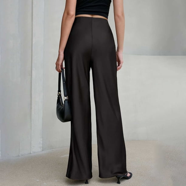 Fnfyfh Womens Silk Satin Wide Leg Pants Casual Loose Soft Work Slacks Elastic High Waisted Business Dress Pants, Women's, Size: Large, Black